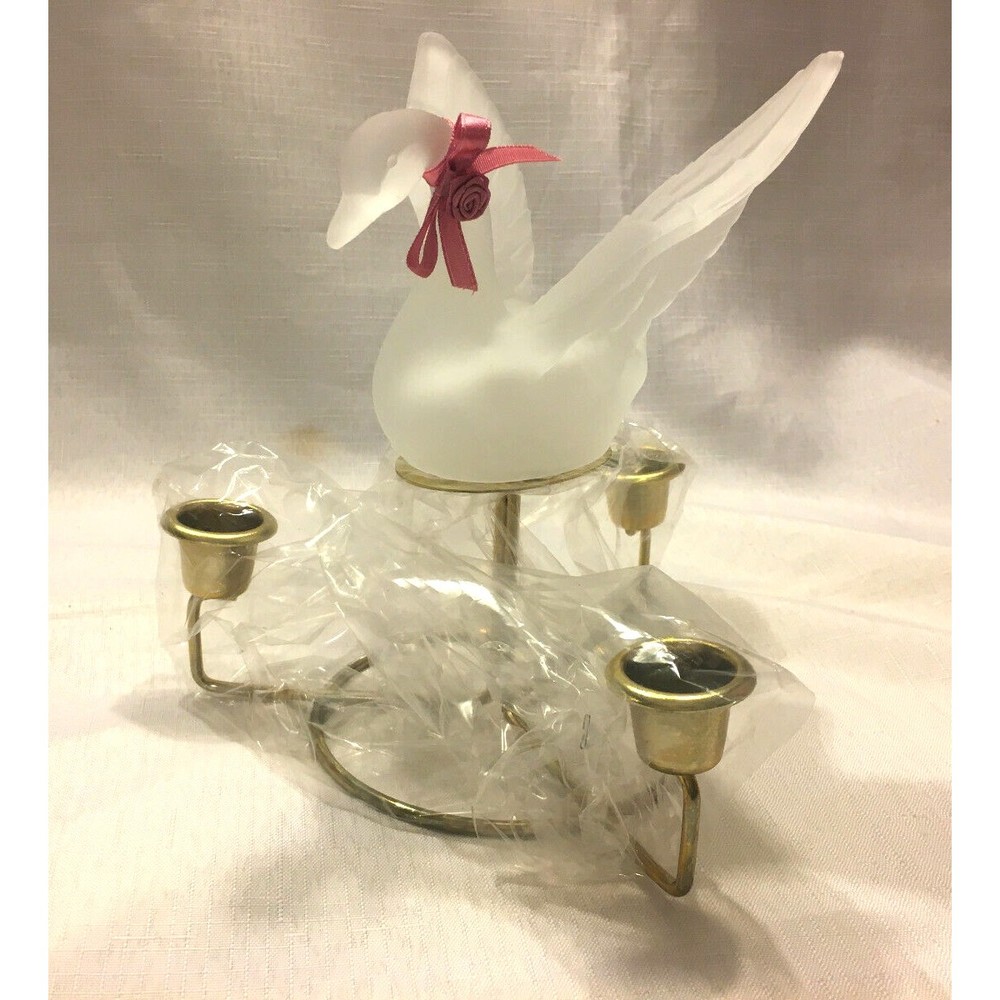 Frosted Glass Swan Centerpiece Set 3 Votive Candles Mauve Silk Floral VTG 1980s